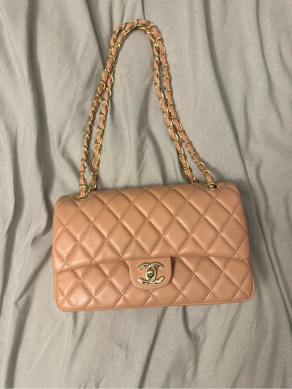 Quilted Double Flap Shoulder Bag in Tan